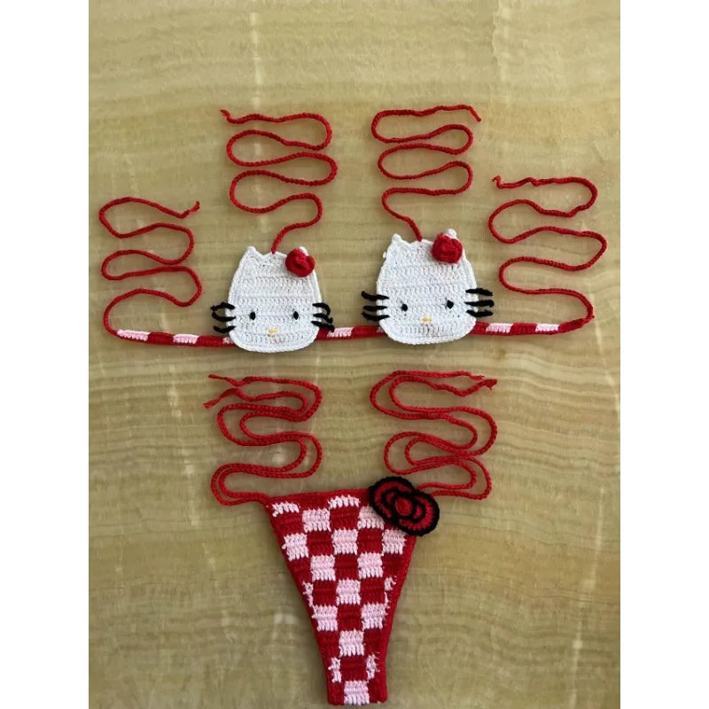 Sanrio horgolt bikini szett aranyos lányoknak fürdőruhák Hello Kitty szexi fürdőruha mikro kötésű bikinik strandruha női fürdőruha