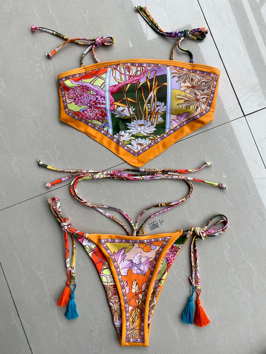 Nyomtatott Crop Top Bikini 2025 Női Bikinik Brazil Fürdőruha Női Fürdőruha Kétrészes Bikini Szett Magas Dekoltált Fürdőruha Úszás