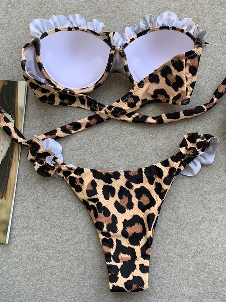 Szexi fodros, fodros melltartós bikini 2026 női bandeau fürdőruha női fürdőruha kétrészes bikiniszett push up fürdőruha úszás