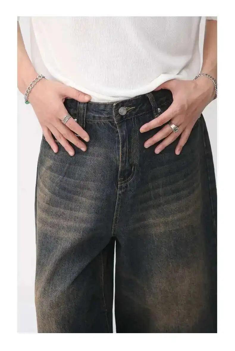 IEFB koreai stílusú vintage férfi farmer nyári laza férfi széles szárú térdig érő rövidnadrág új mosott divatos rövid farmer nadrág