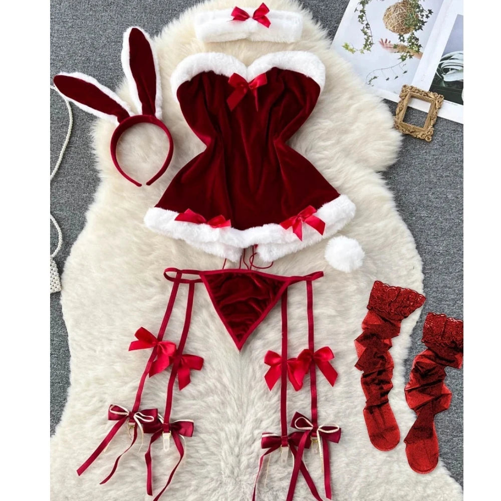 Piros karácsonyi cosplay nyúl lány jumpsuit szexi fehérnemű öv női új ruházat hétköznapi hát nélküli üreges fűzős body
