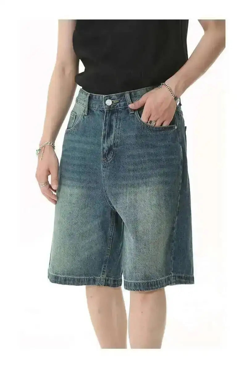 IEFB Nyári Férfi Lezser Farmer Rövidnadrág Laza Közepes Magas Derekú Divat Térdhosszúságú Farmer Rövid Nadrág Vintage Férfi Új Koreai