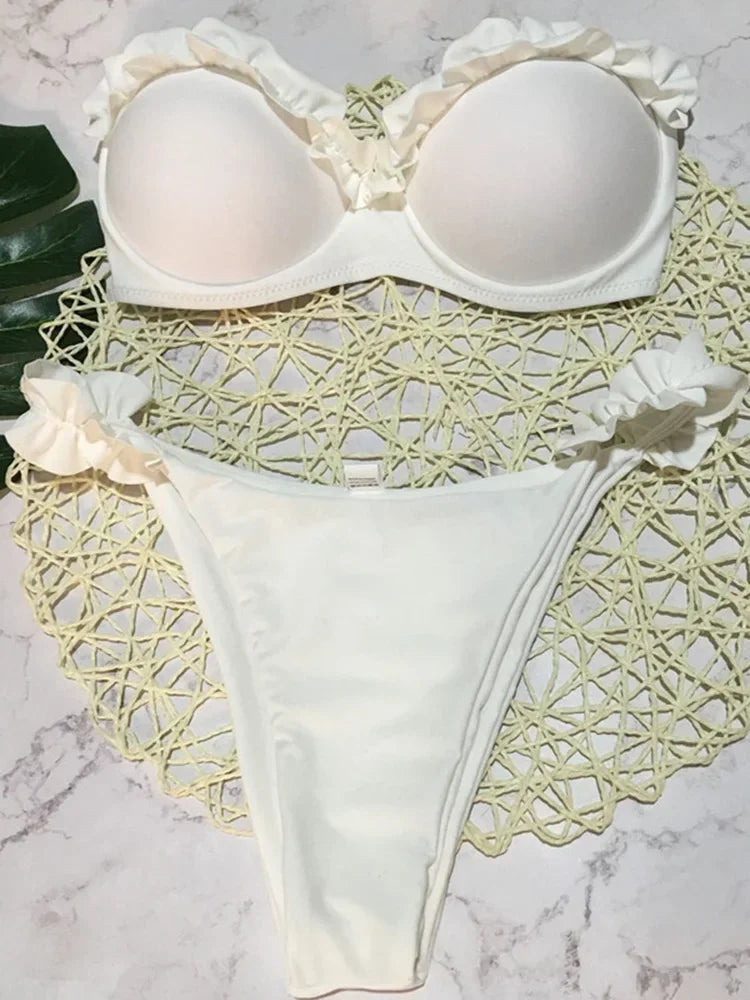 Szexi fodros, fodros melltartós bikini 2026 női bandeau fürdőruha női fürdőruha kétrészes bikiniszett push up fürdőruha úszás