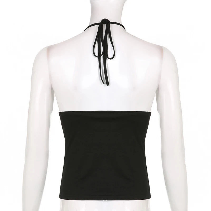 y2k Bandage Crop Top Fekete Hát nélküli Felső Fűzős Aranyos Party Strand Női Retro Alap Punk