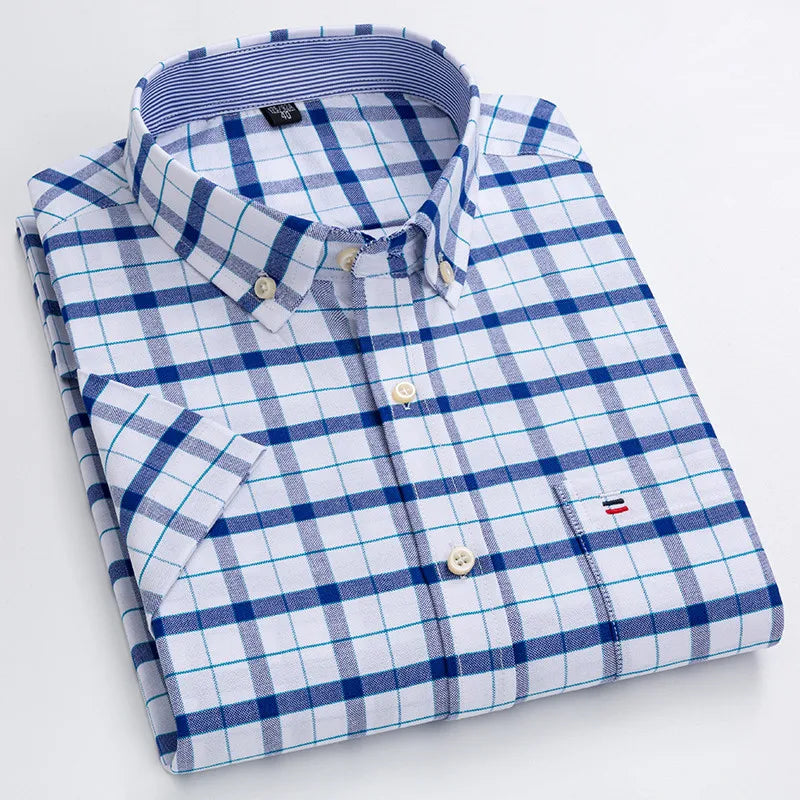 100% pamut férfi Oxford ing, rövid ujjú, nyári, kockás, csíkos, férfi ruházat, üzleti, normál szabású, túlméretezett ing, 7XL, 6XL