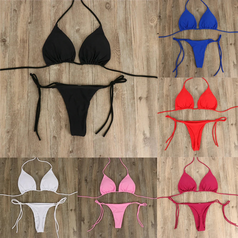 Női szexi tanga bikini szett oldalsó fürdőruha kötszer stílusú brazil fürdőruha osztott pántos állítható egyszínű női fürdőruha szett