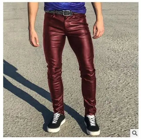 2026 új férfi bőr nadrágok divatos vékony PU nadrágok piros kék fekete szürke fehér pantalones hombre
