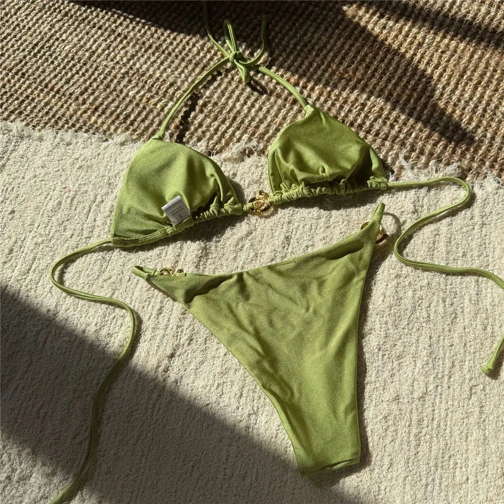 Egyszínű narancssárga fürdőruha fém gyűrűs zsinóros háromszög alakú mikro bikini tanga szexi fürdőruha nők 2026 fürdőruha bikiniszett