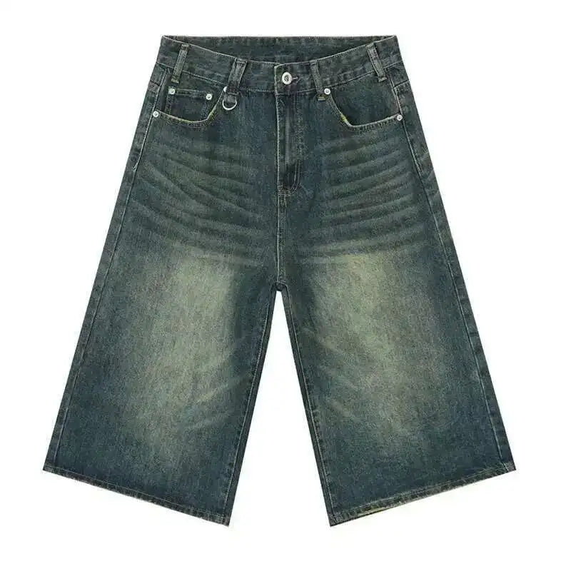 IEFB koreai stílusú vintage férfi farmer nyári laza férfi széles szárú térdig érő rövidnadrág új mosott divatos rövid farmer nadrág