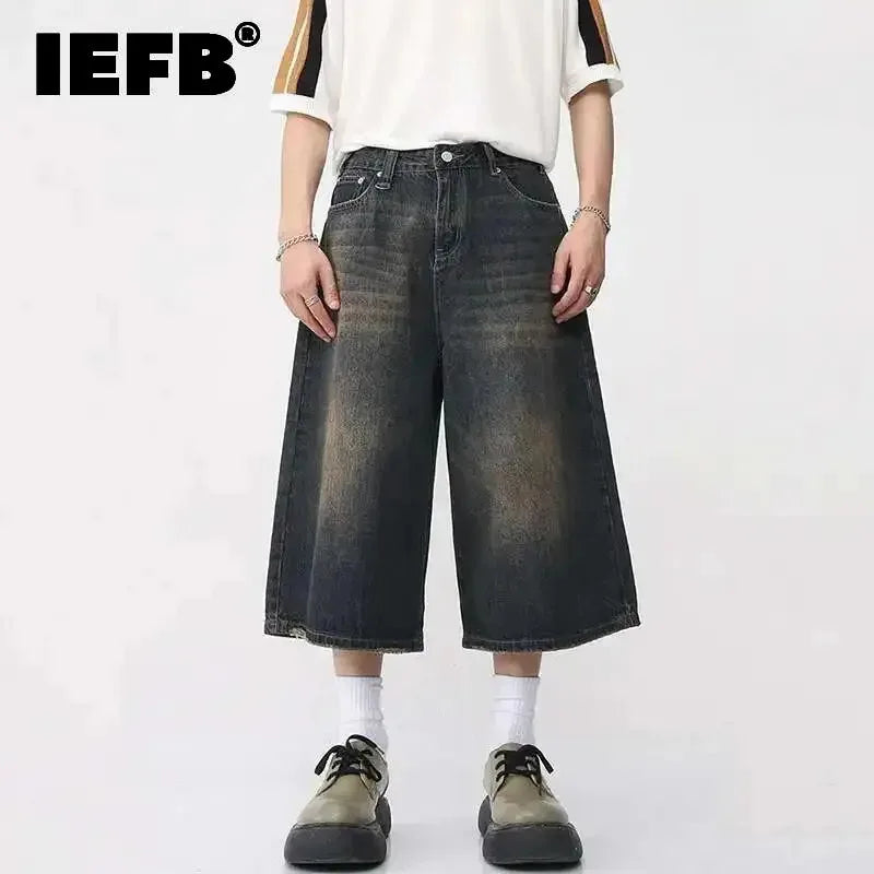 IEFB koreai stílusú vintage férfi farmer nyári laza férfi széles szárú térdig érő rövidnadrág új mosott divatos rövid farmer nadrág