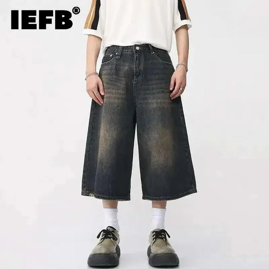 IEFB koreai stílusú vintage férfi farmer nyári laza férfi széles szárú térdig érő rövidnadrág új mosott divatos rövid farmer nadrág