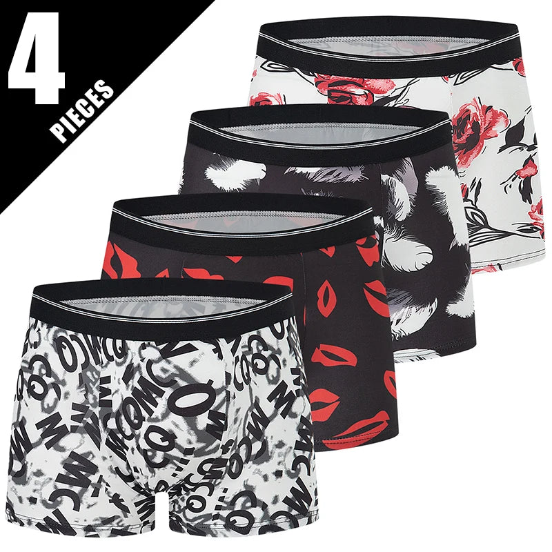 4 darabos európai és amerikai méretű férfi divat mintás boxeralsó, kényelmes fürdőnadrág, túlméretezett alsónadrág, rövidnadrág