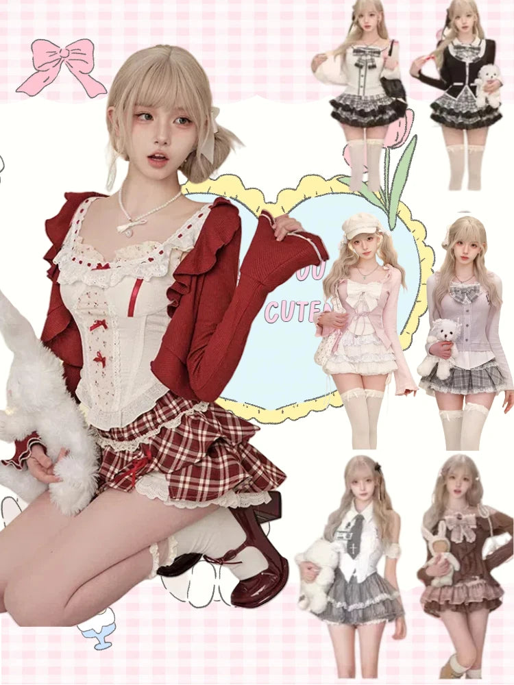 Japán Kawaii 3 darabos szett Lolita Y2k kardigán kabátok + mini szoknyák + fűző mellény amerikai vintage öltönyök őszi parti sikkes