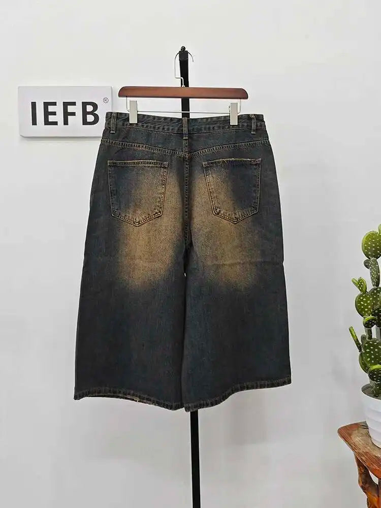 IEFB koreai stílusú vintage férfi farmer nyári laza férfi széles szárú térdig érő rövidnadrág új mosott divatos rövid farmer nadrág