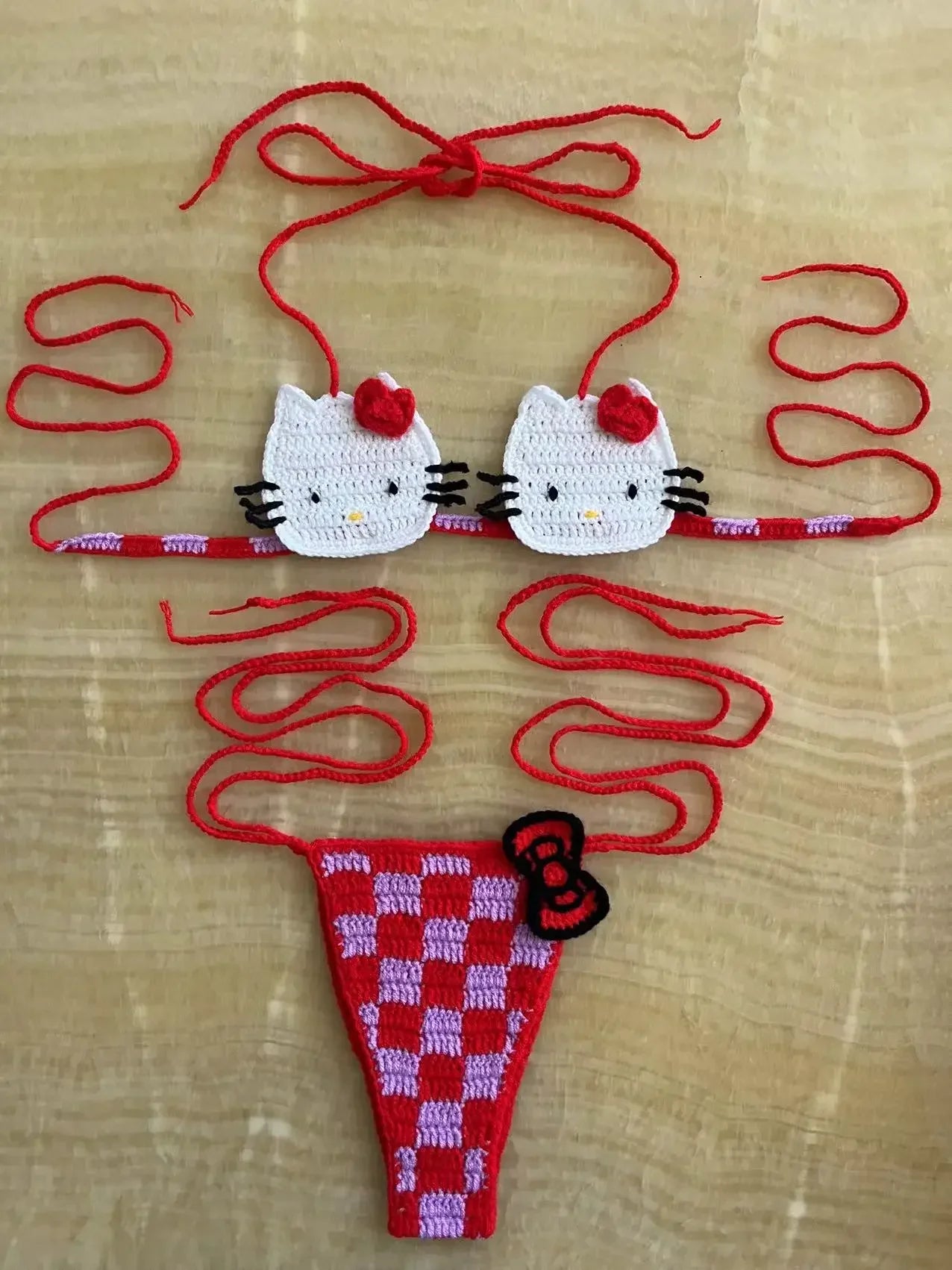 Sanrio horgolt bikini szett aranyos lányoknak fürdőruhák Hello Kitty szexi fürdőruha mikro kötésű bikinik strandruha női fürdőruha