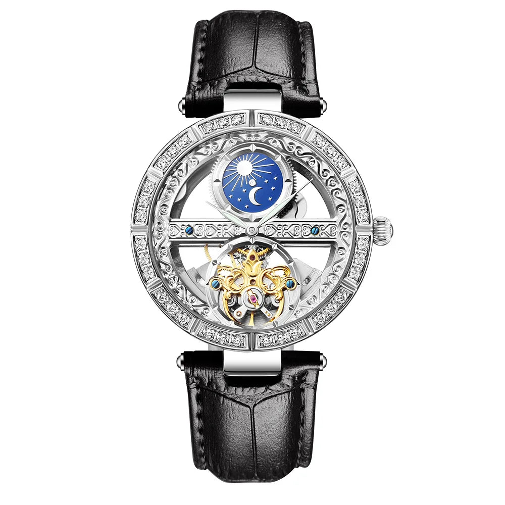 Női automata mechanikus karóra, csúcsmárkás luxus bőr vízálló órák, női csontváz Tourbillon óra, reloj mujer, új