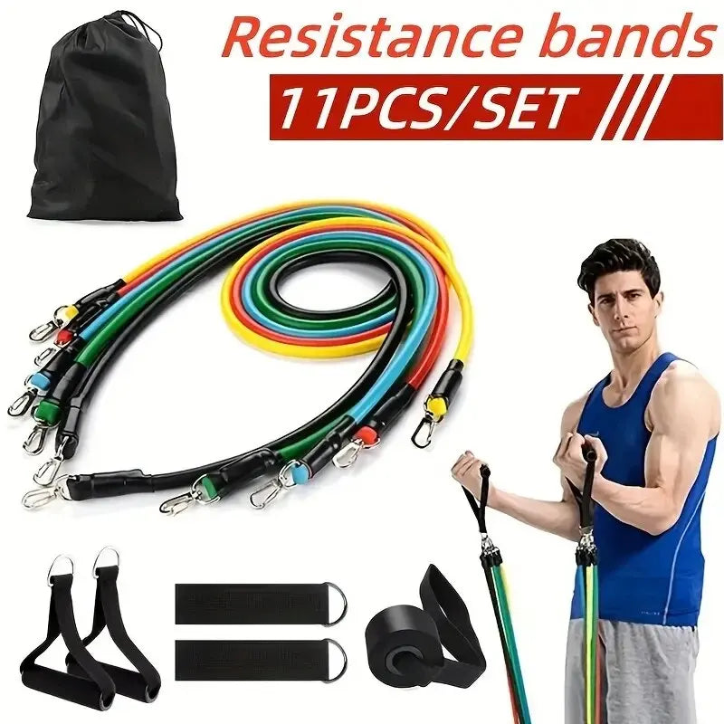 11 db-os TPE ellenállás-szalag szett, fitneszszalag, húzókötél, rugalmas edzőszalag ajtóra akasztható fogantyúkkal, hordtáskával, lábakkal, bokapántokkal