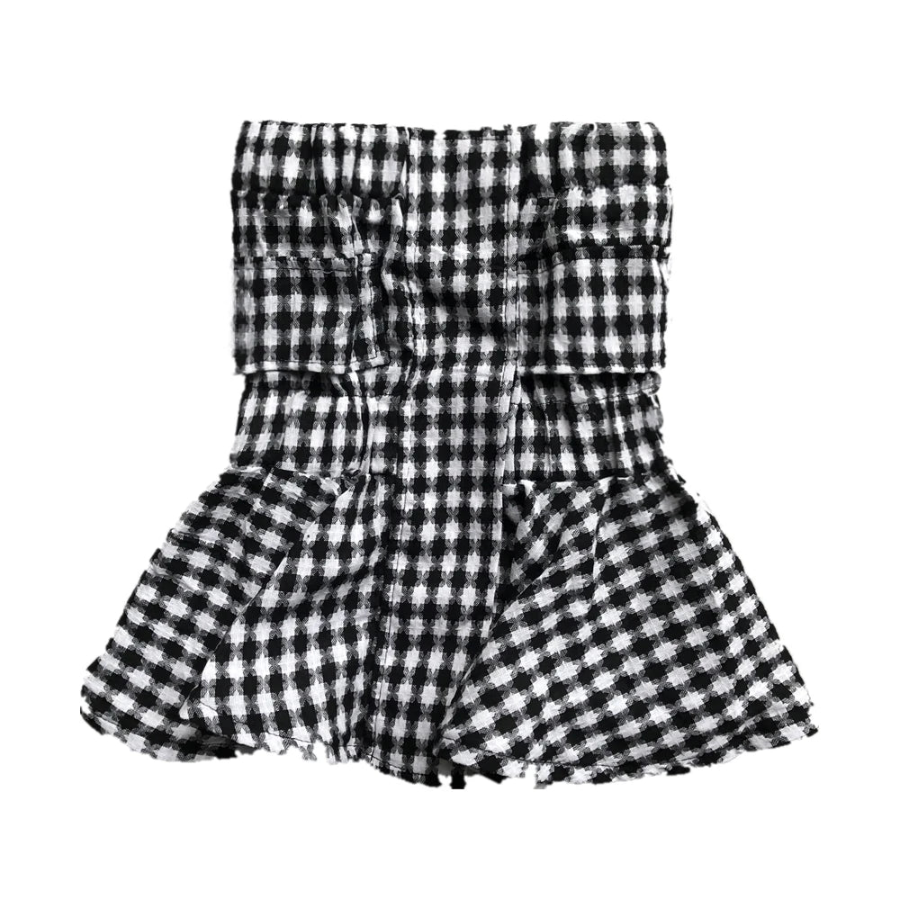 Lányoknak elegáns fodros kockás csőfelsői női rugalmas kendőcsövek bandeau rövid pánt nélküli trikó crop top női
