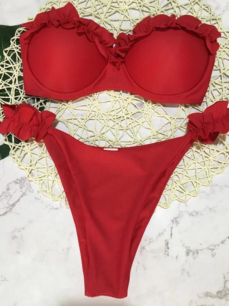 Szexi fodros, fodros melltartós bikini 2026 női bandeau fürdőruha női fürdőruha kétrészes bikiniszett push up fürdőruha úszás