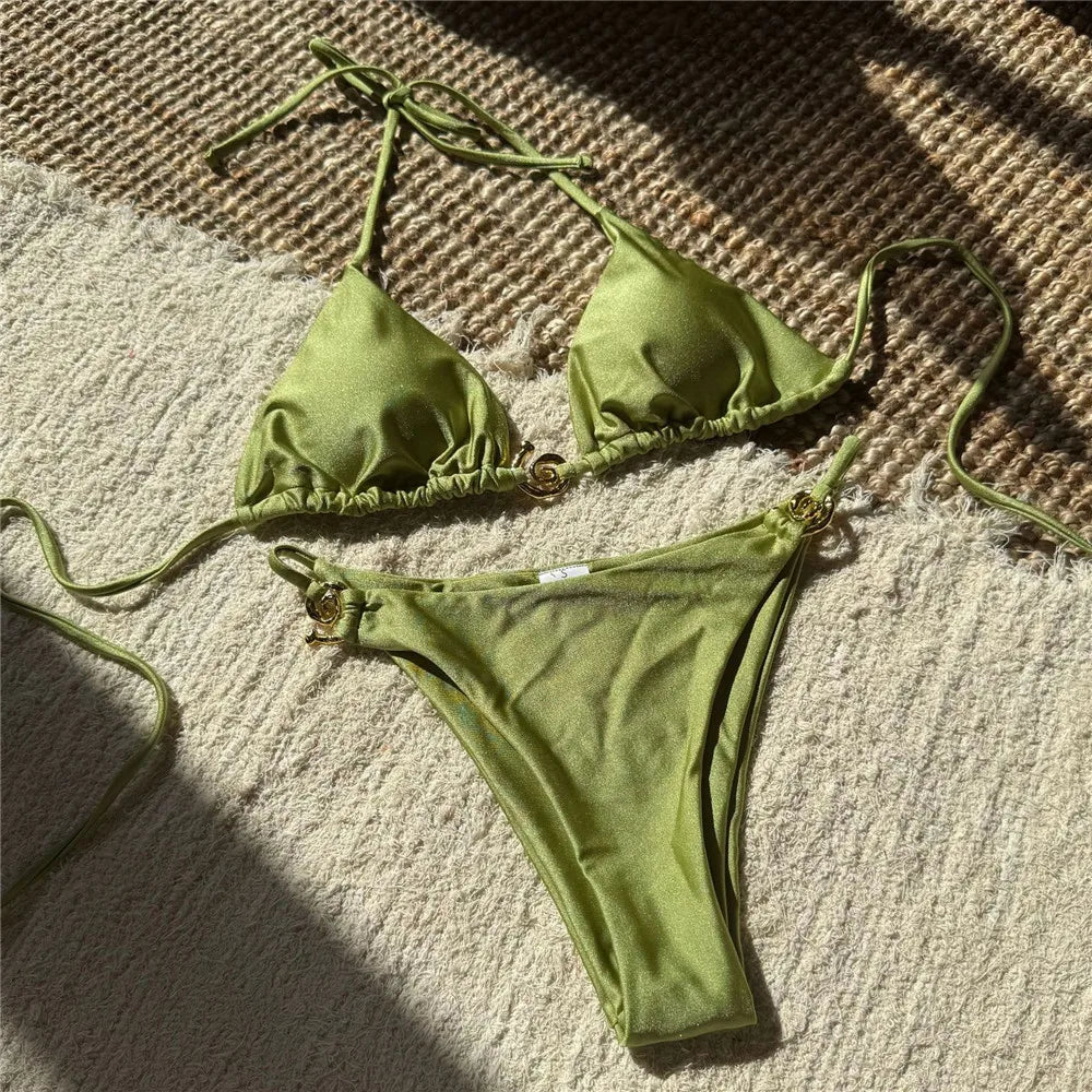 Egyszínű narancssárga fürdőruha fém gyűrűs zsinóros háromszög alakú mikro bikini tanga szexi fürdőruha nők 2026 fürdőruha bikiniszett