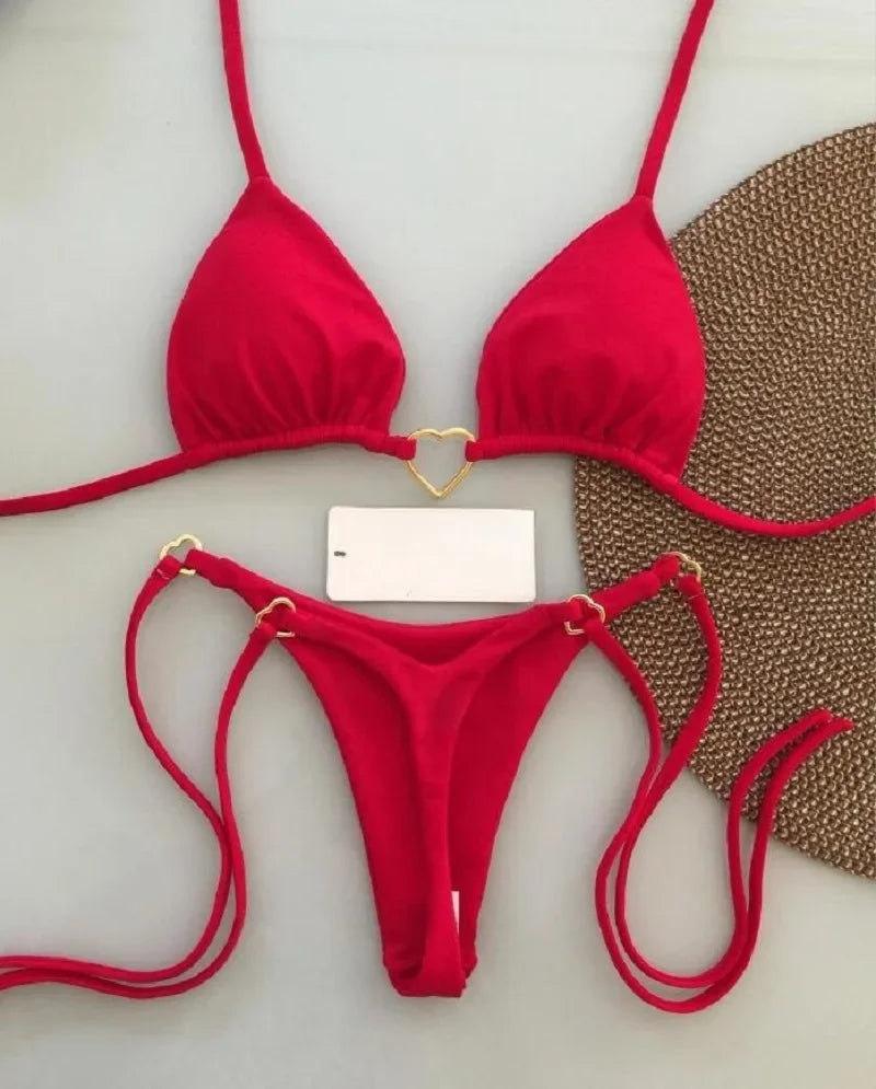 Szexi, egyszínű bikiniszett, női kétrészes, háromszög alakú tanga, brazil bikini szett
