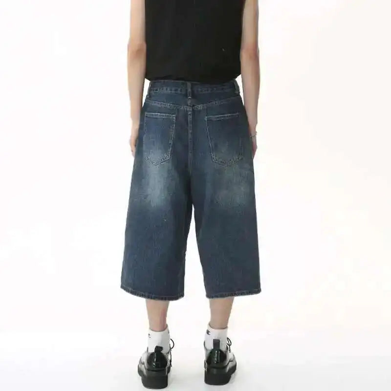 IEFB koreai stílusú vintage férfi farmer nyári laza férfi széles szárú térdig érő rövidnadrág új mosott divatos rövid farmer nadrág