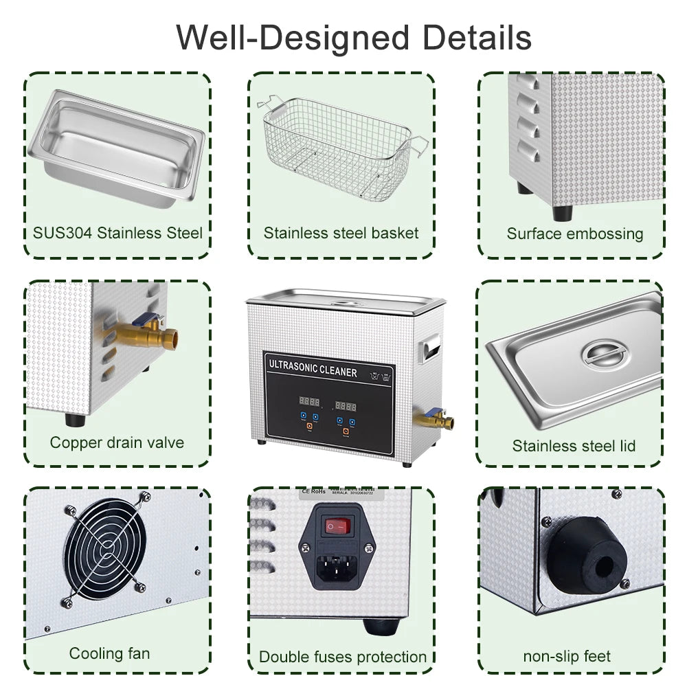 Ultrahangos fürdő 1L 3L 6L Ékszerekhez, szemüvegekhez, fogászati eszközökhöz, ipari ultrahangos tisztítógéphez, 2L 10L 30L Viniltisztítóhoz