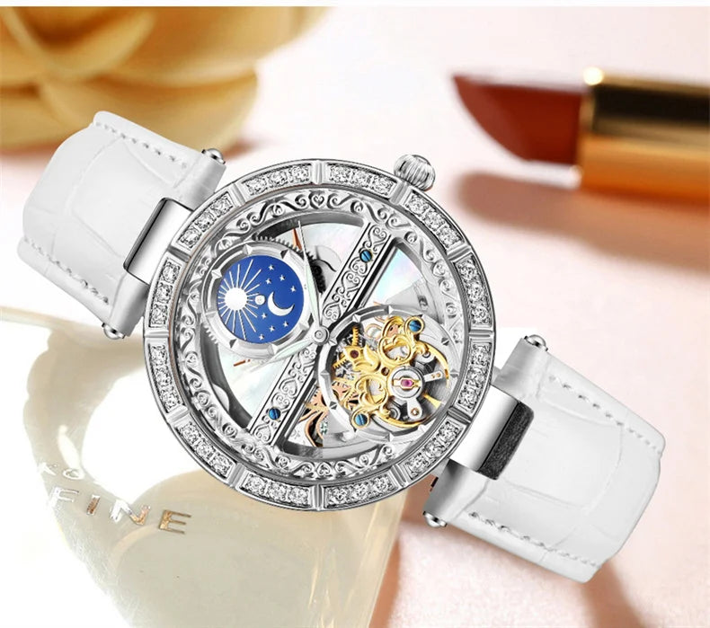 Női automata mechanikus karóra, csúcsmárkás luxus bőr vízálló órák, női csontváz Tourbillon óra, reloj mujer, új