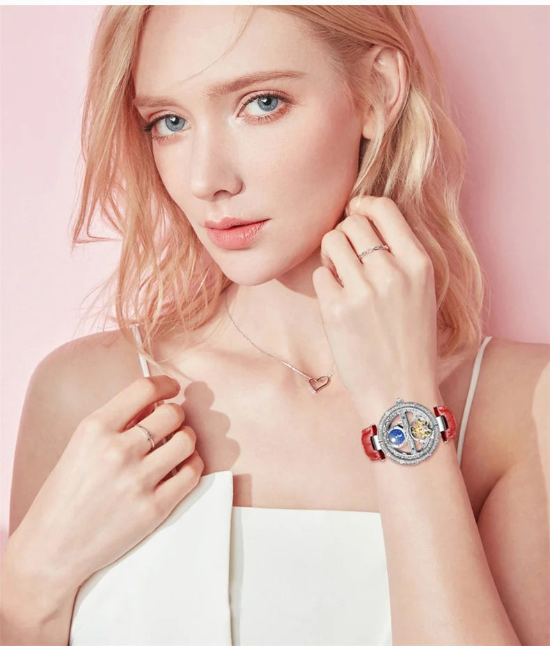Női automata mechanikus karóra, csúcsmárkás luxus bőr vízálló órák, női csontváz Tourbillon óra, reloj mujer, új
