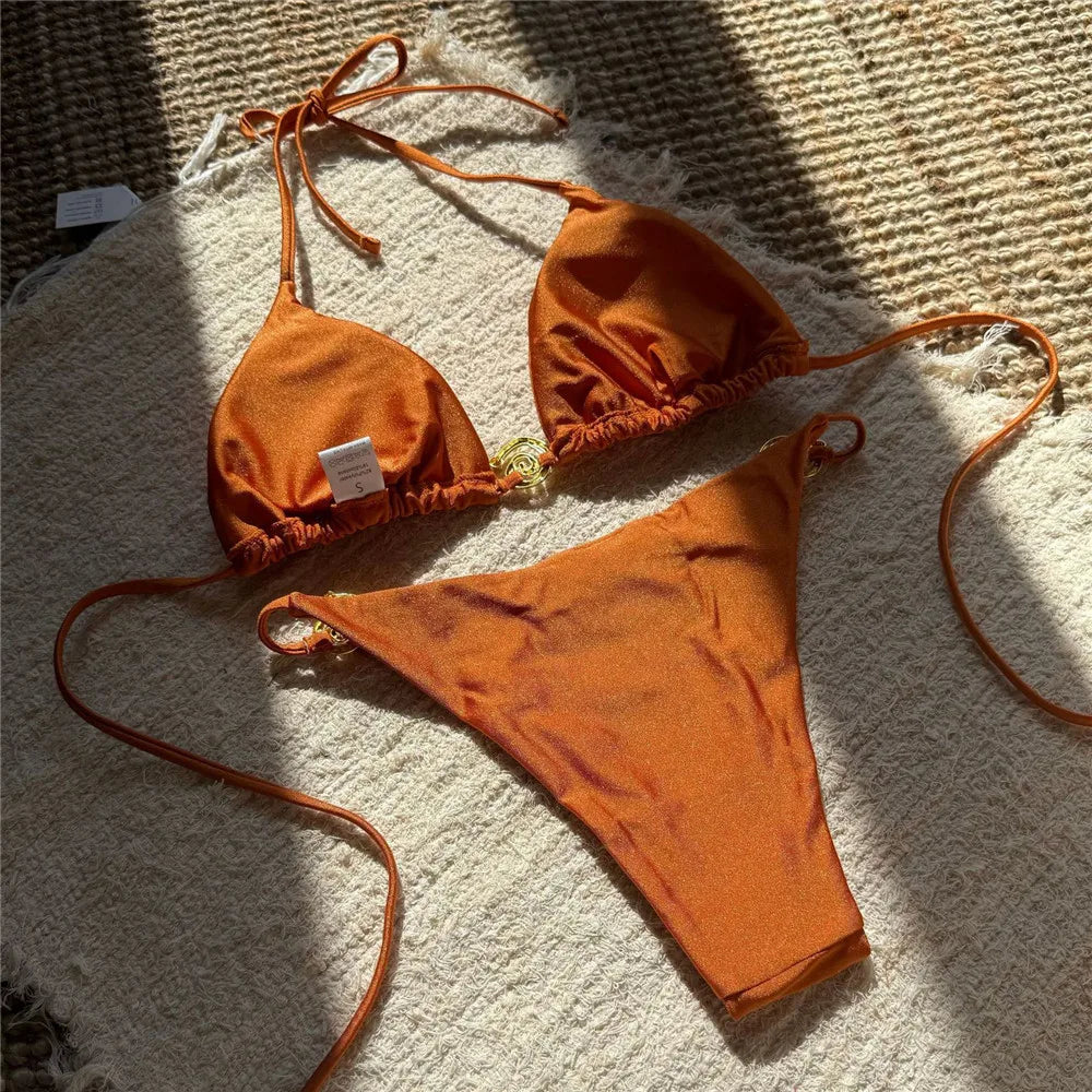 Egyszínű narancssárga fürdőruha fém gyűrűs zsinóros háromszög alakú mikro bikini tanga szexi fürdőruha nők 2026 fürdőruha bikiniszett