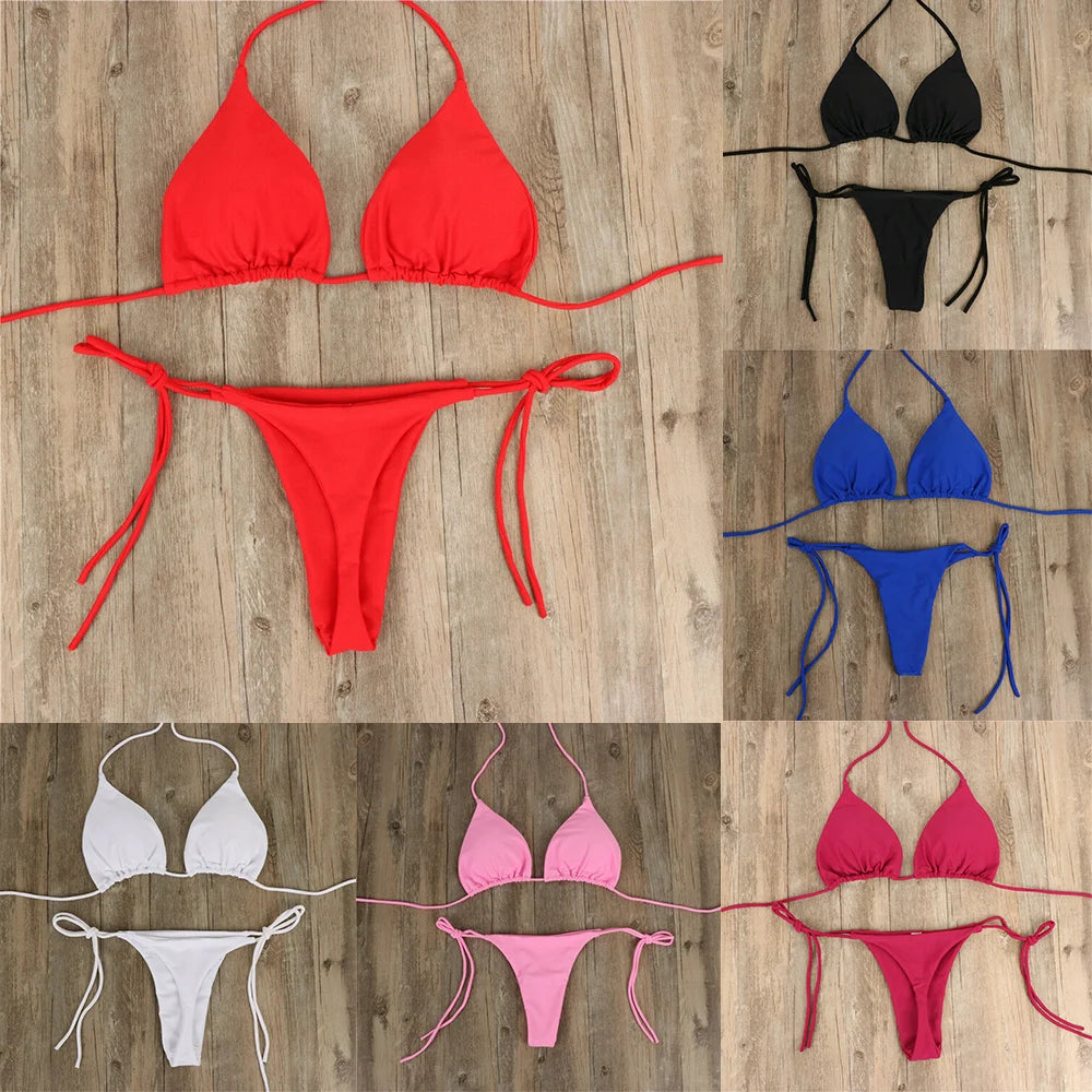 Női szexi tanga bikini szett oldalsó fürdőruha kötszer stílusú brazil fürdőruha osztott pántos állítható egyszínű női fürdőruha szett