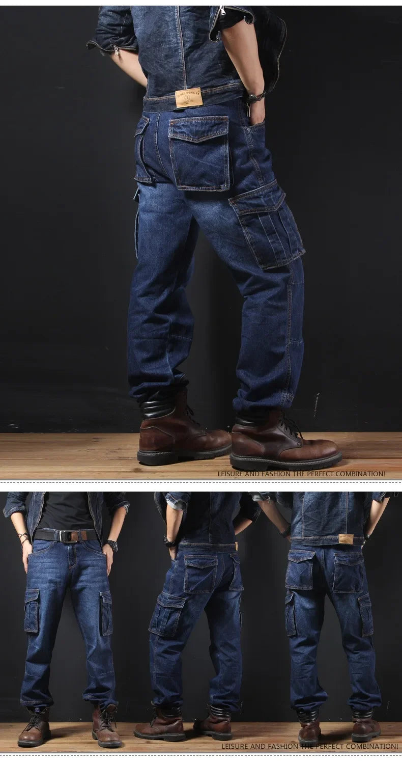 Férfi őszi/téli többzsebes, egyenes szárú, laza szabású, plus size,  farmernadrág