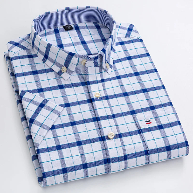 100% pamut férfi Oxford ing, rövid ujjú, nyári, kockás, csíkos, férfi ruházat, üzleti, normál szabású, túlméretezett ing, 7XL, 6XL