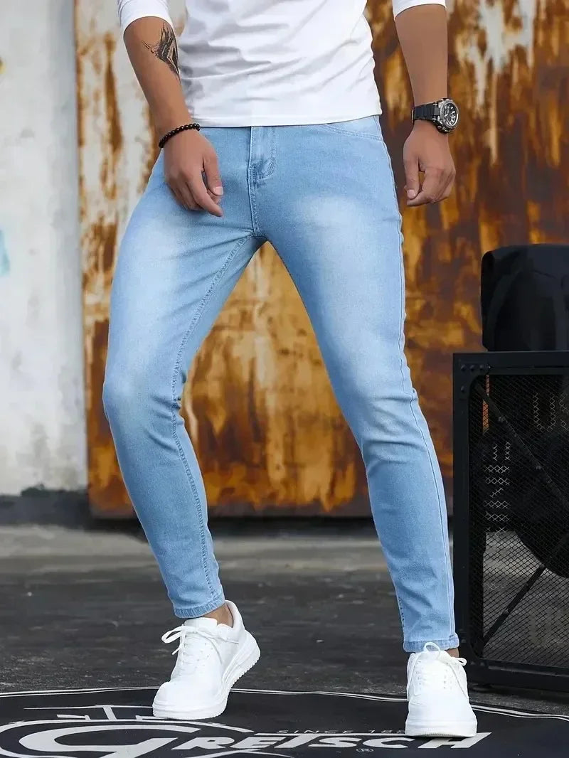 Férfi farmer, rugalmas, vékony, egyszínű, fekete, kék, tavaszi, luxus utcai, harajuku, hip-hop stílusú, nadrág, márka