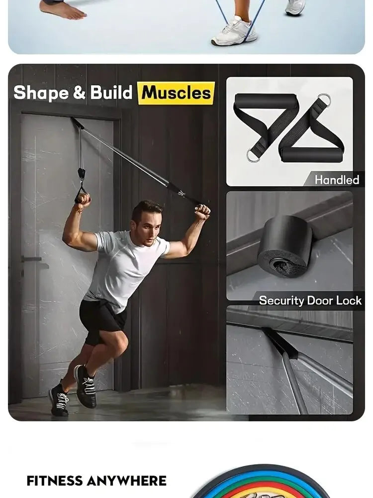 11 db-os TPE ellenállás-szalag szett, fitneszszalag, húzókötél, rugalmas edzőszalag ajtóra akasztható fogantyúkkal, hordtáskával, lábakkal, bokapántokkal