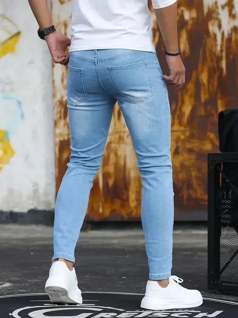 Férfi farmer, rugalmas, vékony, egyszínű, fekete, kék, tavaszi, luxus utcai, harajuku, hip-hop stílusú, nadrág, márka