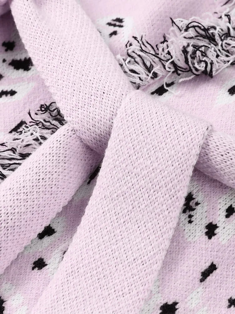 2026 Tavaszi bojtos kötött jacquard női kardigánok laza patchwork V-nyakú hosszú ujjú vastag meleg pulóver női új kötöttáru