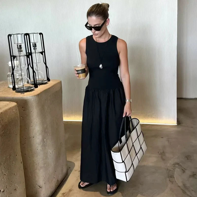HXAO Női fekete hosszú ruhák 2025 tavaszi ujjatlan elegáns ruhák divatos hétköznapi vintage party khaki ruhák Vestidos