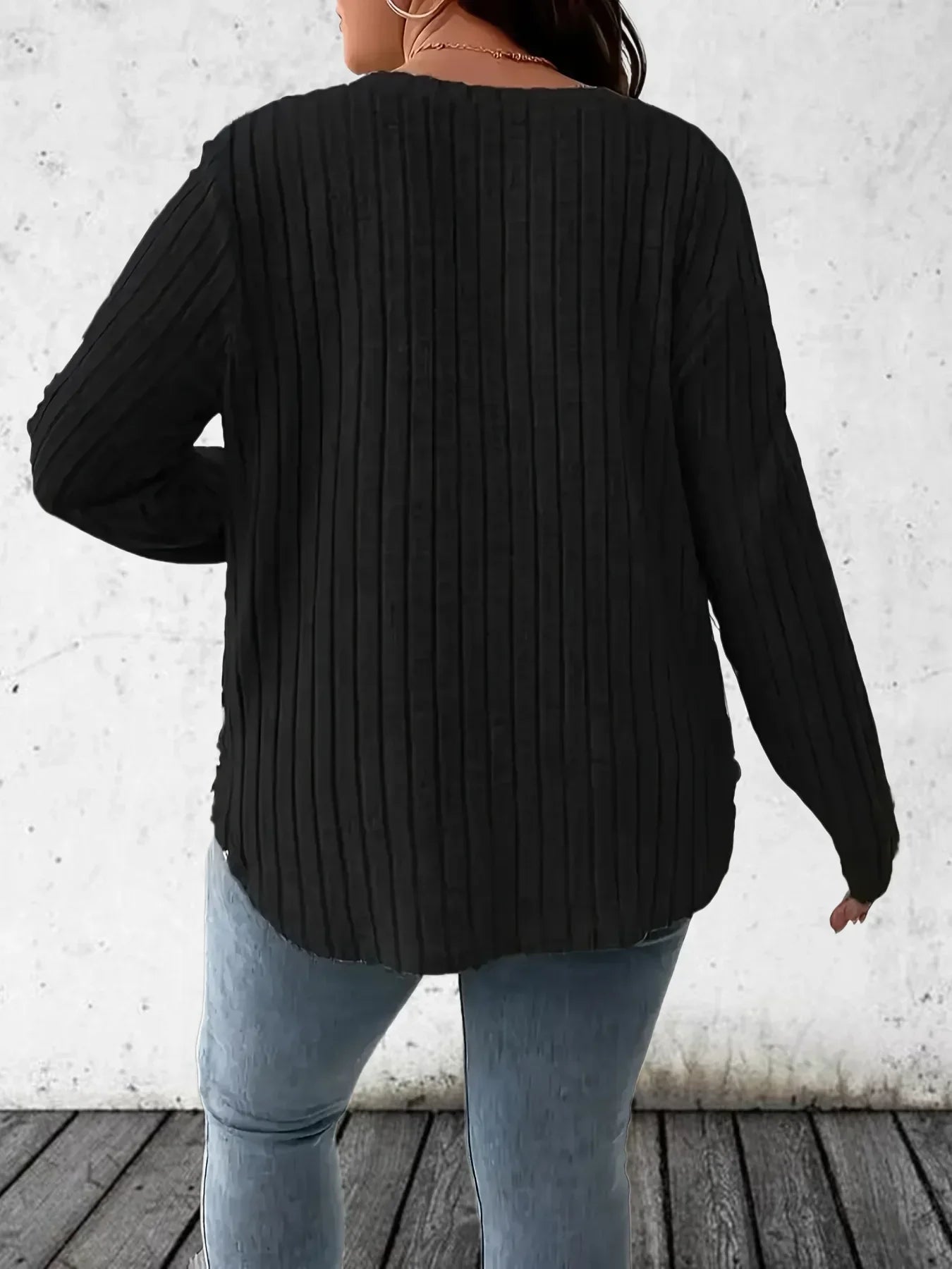 Plus Size 1XL-5XL női lezser divatos V-nyakú hosszú ujjú póló, női, plus size egyszínű bordázott póló