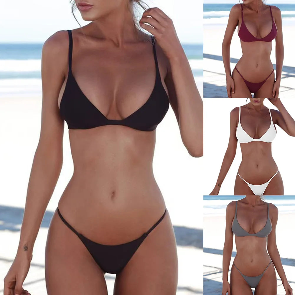 Női bikini szett nyári fürdőruha új, egyszínű, kétrészes fürdőruha divatos hétköznapi sokoldalú bikini strandruha fürdőruha