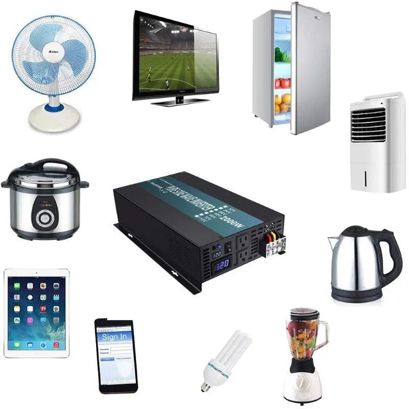 Megbízható tiszta szinuszhullámú napelemes inverter 1000W/1500W/2000W/2500W/3000W/5000W 12V/24V/48V DC - 120V/220VAC tápegység-átalakító