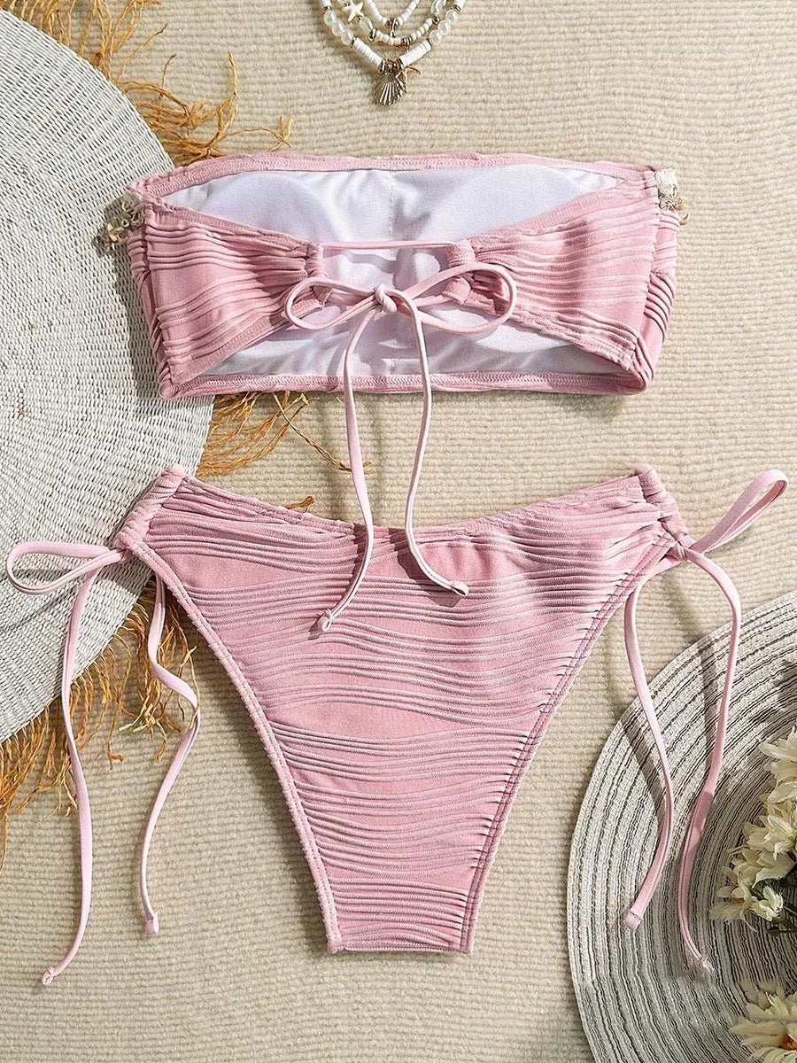 XS - XL Bandeau ráncos, magas kivágású bikini női fürdőruha női fürdőruha kétrészes bikiniszett kagyló fürdőruha úszás