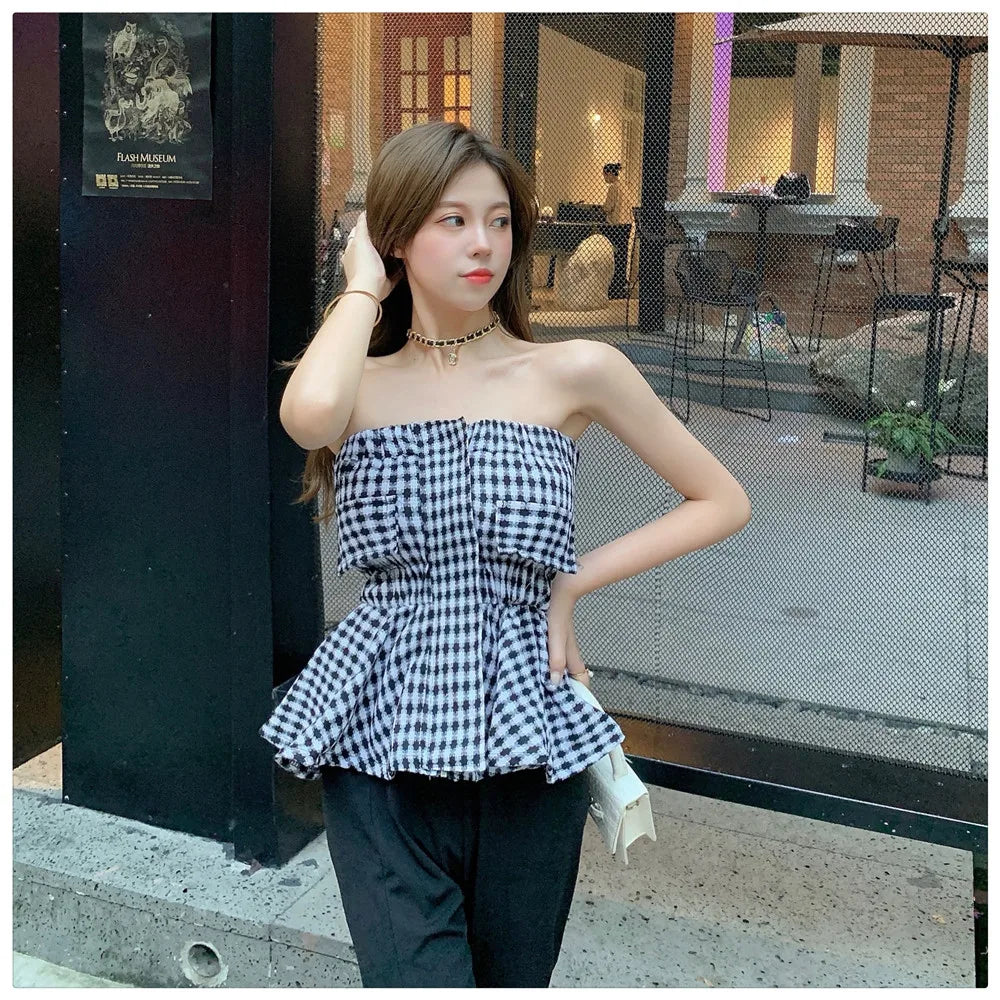 Lányoknak elegáns fodros kockás csőfelsői női rugalmas kendőcsövek bandeau rövid pánt nélküli trikó crop top női