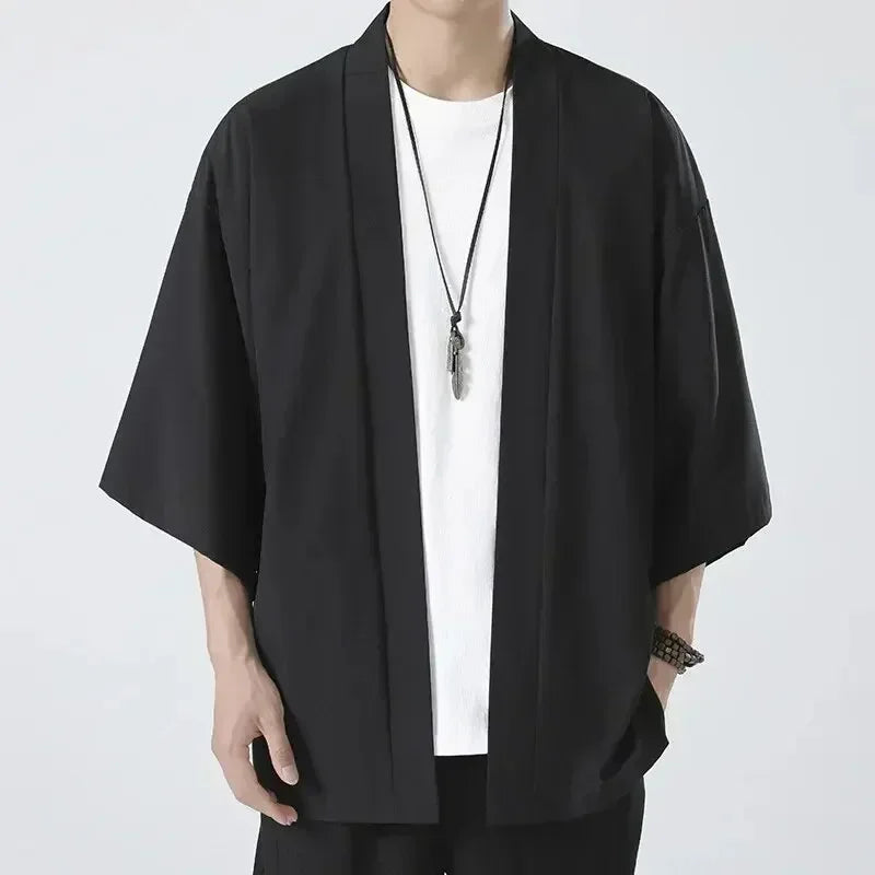 Férfi japán kimonó ingek, lezser, nyitott öltésű, könnyű, yukata, divatos, fekete kardigán, 3/4 ujjú, felsőruházat nyári vakációra