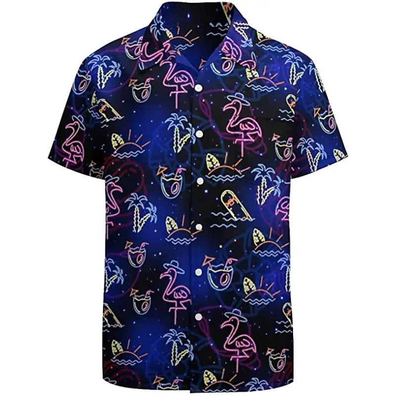 Férfi ing, hawaii ing, camp póló, fluoreszkáló 3D nyomtatású, utcai, lezser, rövid ujjú ruházat, divatos, hétköznapi