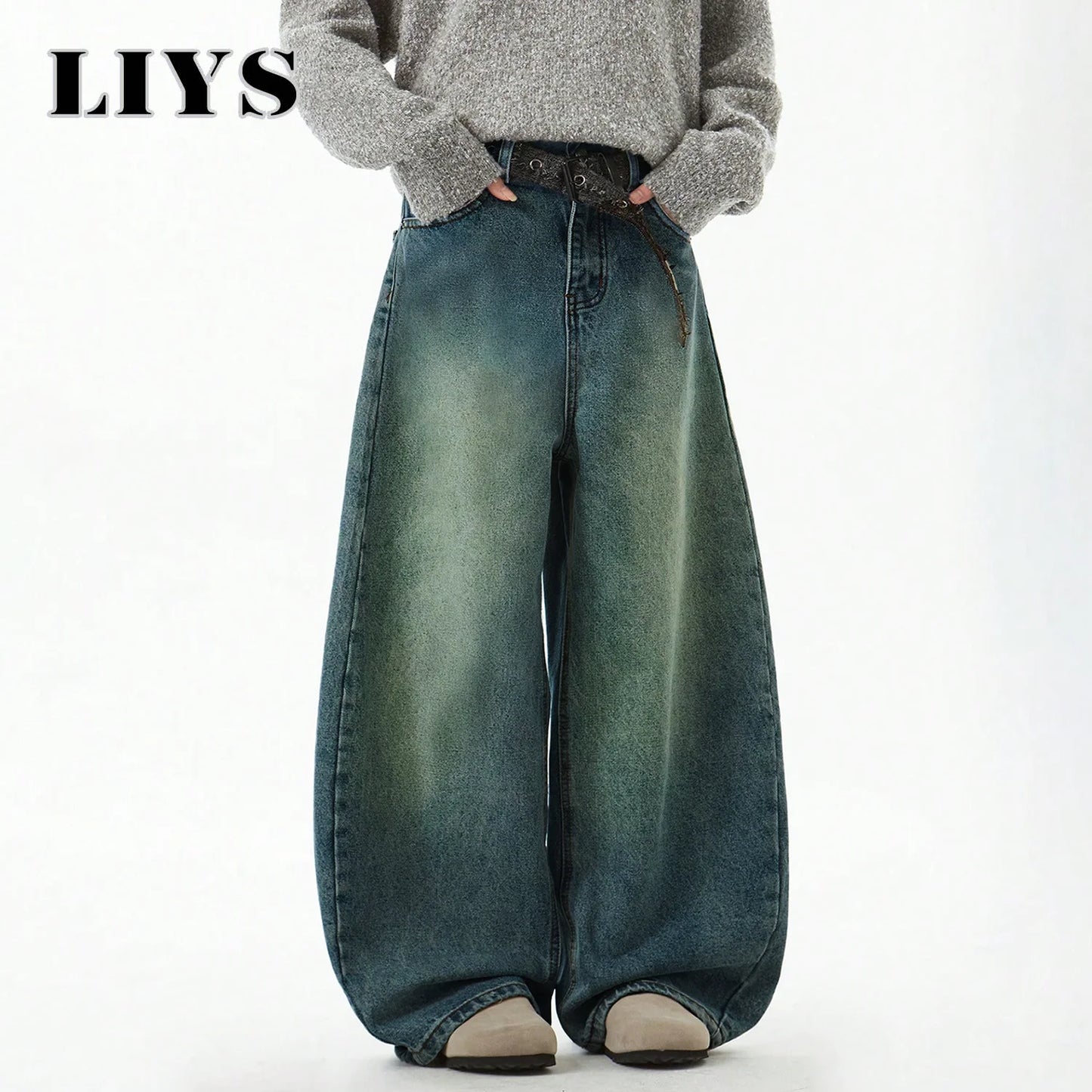 Férfi divat Kék széles szárú farmernadrág Bő farmer Vintage háromdimenziós szabású ívelt késfarmer Laza szabású nyári új trend