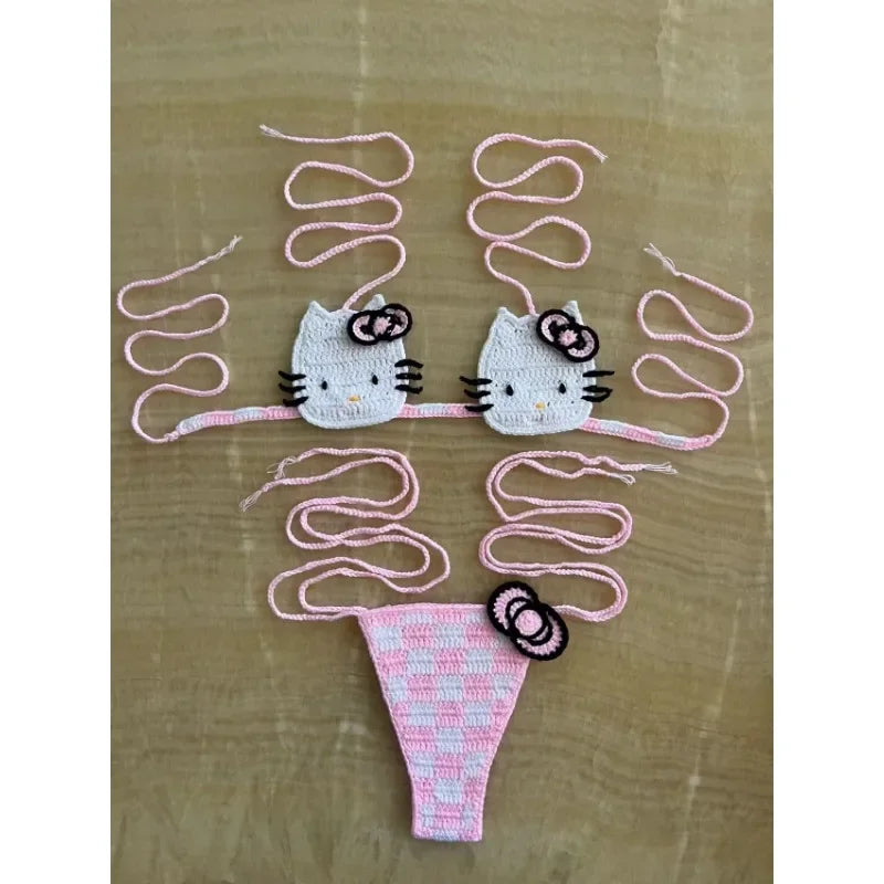 Sanrio horgolt bikini szett aranyos lányoknak fürdőruhák Hello Kitty szexi fürdőruha mikro kötésű bikinik strandruha női fürdőruha