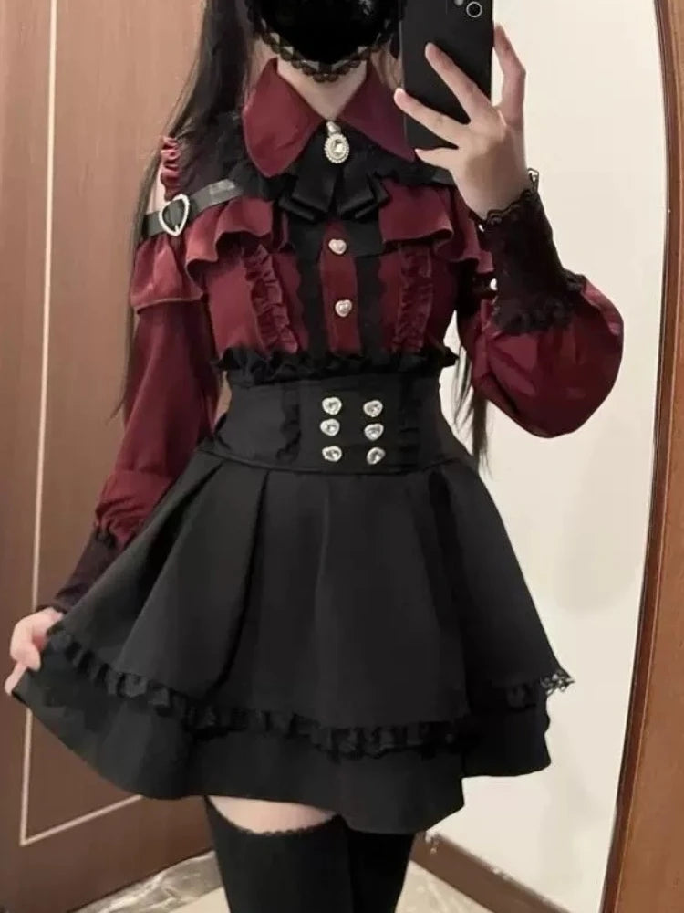 Japán Kawaii 3 darabos szett Lolita Y2k kardigán kabátok + mini szoknyák + fűző mellény amerikai vintage öltönyök őszi parti sikkes