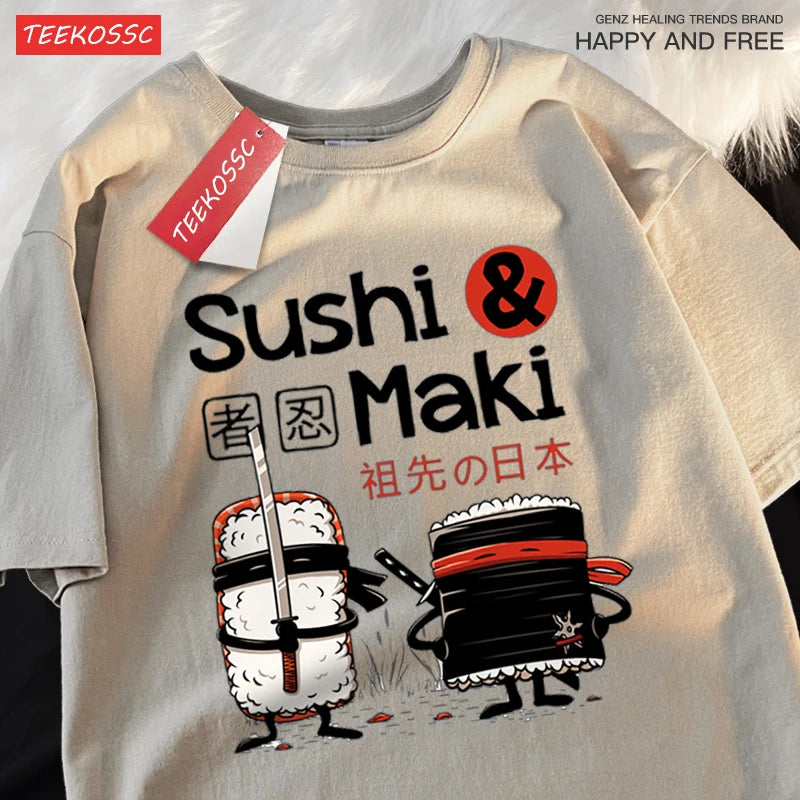 Theduc Sushi és Sushi Nyomtatás Férfi Női Póló Pamut