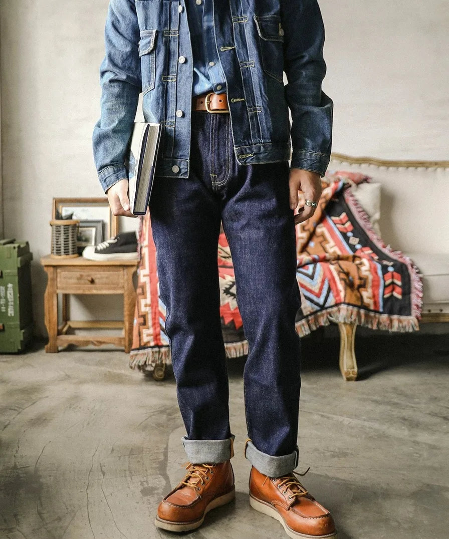 511XX-0009 RedTornado Raw Denim 16oz-os indigókék Selvage One mosott, szanforizált cipzáras nadrág